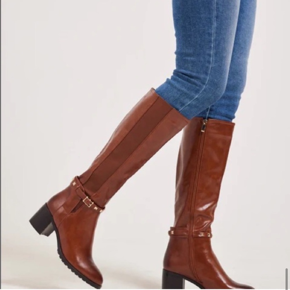 New Torgeis Destiny Tall Boots Riding Studded Ankle Belt Camel Tan Sz 9